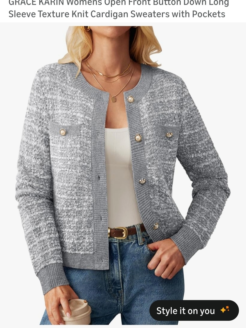 Grace Karin Gray Textured Open Front Button Cardigan
